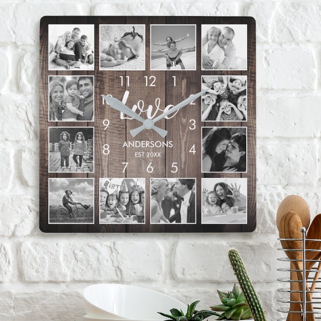 Custom Family Foto Rustic Farmhouse Liebe Script Quadratische Wanduhr (Von Creator hochgeladen)