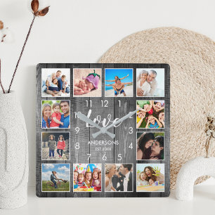 Custom Family Foto Rustic Farmhouse Liebe Script Quadratische Wanduhr