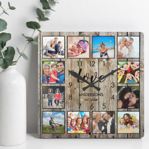 Custom Family Foto Rustic Farmhouse Liebe Script Quadratische Wanduhr