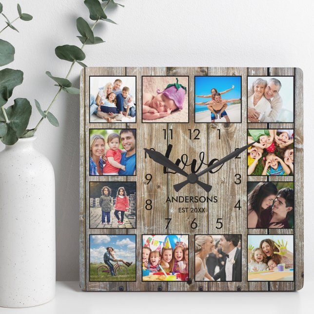 Custom Family Foto Rustic Farmhouse Liebe Script Quadratische Wanduhr (Von Creator hochgeladen)