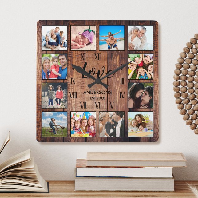 Custom Family Foto Rustic Farmhouse Liebe Script Quadratische Wanduhr (Von Creator hochgeladen)