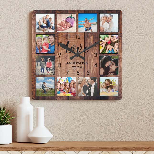 Custom Family Foto Rustic Farmhouse Liebe Script Quadratische Wanduhr (Von Creator hochgeladen)