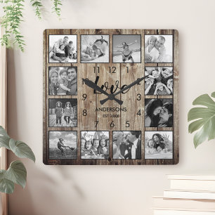 Custom Family Foto Rustic Farmhouse Liebe Script Quadratische Wanduhr