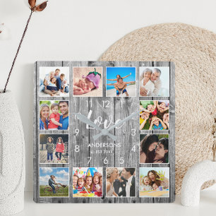 Custom Family Foto Rustic Farmhouse Liebe Script Quadratische Wanduhr