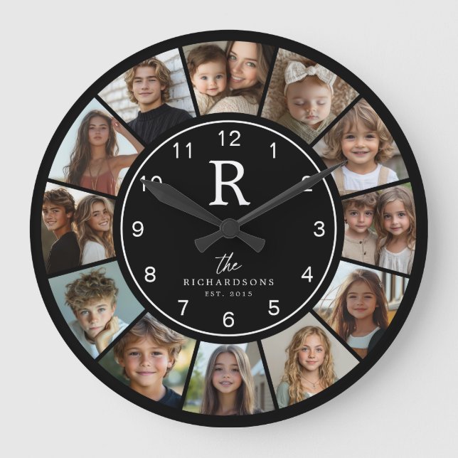 Custom Family Monogram Name Year 12 Photo Collage Große Wanduhr (Vorderseite)