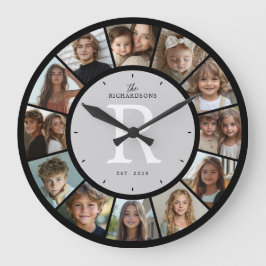 Custom Family Monogram Name Year 12 Photo Collage Große Wanduhr