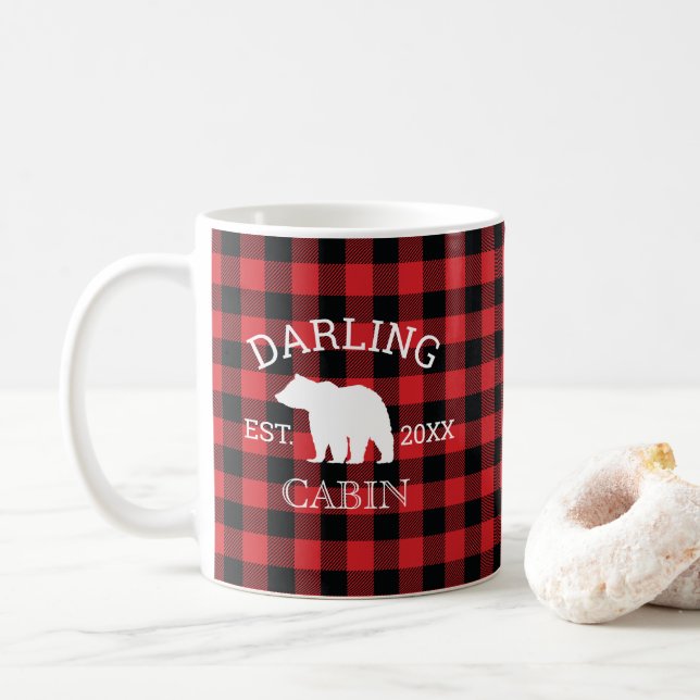 Custom Family Name Bear Buffalo Check Rustic Kaffeetasse (Mit Donut)