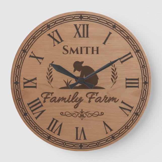 Custom Family Name Clock – Farmer Planting Scene Große Wanduhr (Vorderseite)