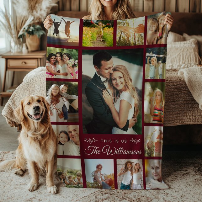 Custom Family Name Foto Collage Modern Burgundy Fleecedecke (Von Creator hochgeladen)