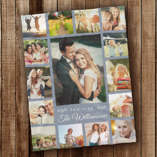 Custom Family Name Foto Collage Modern Dusty Blue Fleecedecke