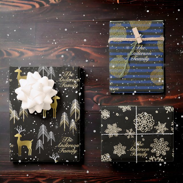 Custom Family Name Metallic Gold Weihnachtsgeschen Geschenkpapier Set (Von Creator hochgeladen)
