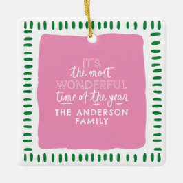 Custom Family Name Modern Pink & Green Christmas Keramikornament