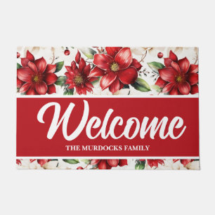 Custom Family Name Monogram Red Flor Christmas Fußmatte