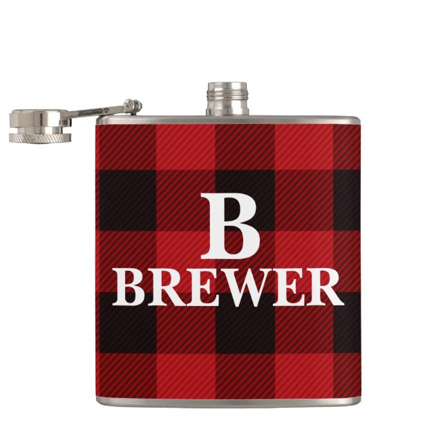 Custom Family Name Red Tartan Vinyl Flask Flachmann (Geöffnet)