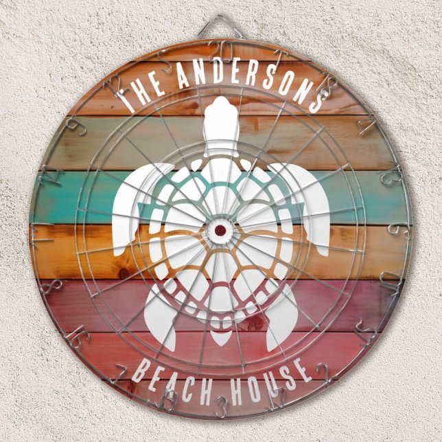 Custom Family Name Rustic Beach House Dartboard Dartscheibe (a beach design with a turtle on a distressed colored wood background)