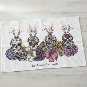 Custom Family Name Sugar Skull Bunnies Ostergesche Geschirrtuch