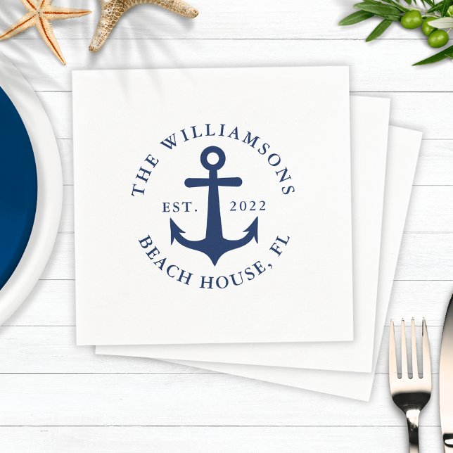 Custom Family Name White Navy Blue Anchor Nautic Serviette (Nautical Napkins with Navy Blue Anchor with Custom Text)