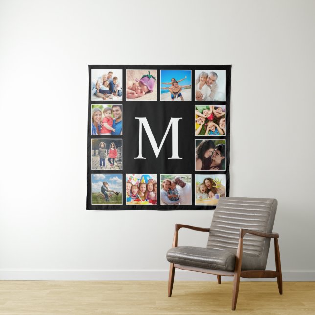 Custom Family Photo Collage Personalized Black Wandteppich (Beispiel)