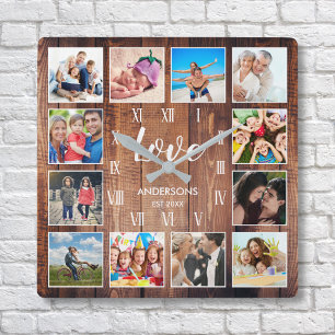 Custom Family Photo Rustic Farmhouse Love Script Quadratische Wanduhr