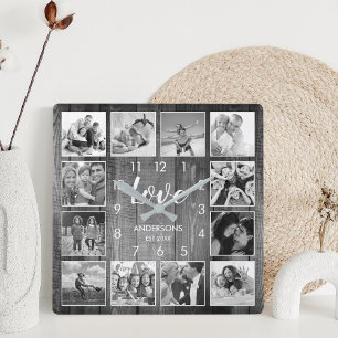 Custom Family Photo Rustic Farmhouse Love Script Quadratische Wanduhr