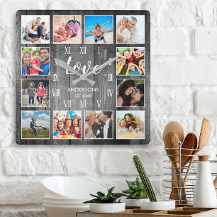 Custom Family Photo Rustic Farmhouse Love Script Quadratische Wanduhr