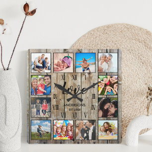 Custom Family Photo Rustic Farmhouse Love Script Quadratische Wanduhr