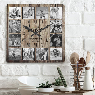 Custom Family Photo Rustic Farmhouse Love Script Quadratische Wanduhr