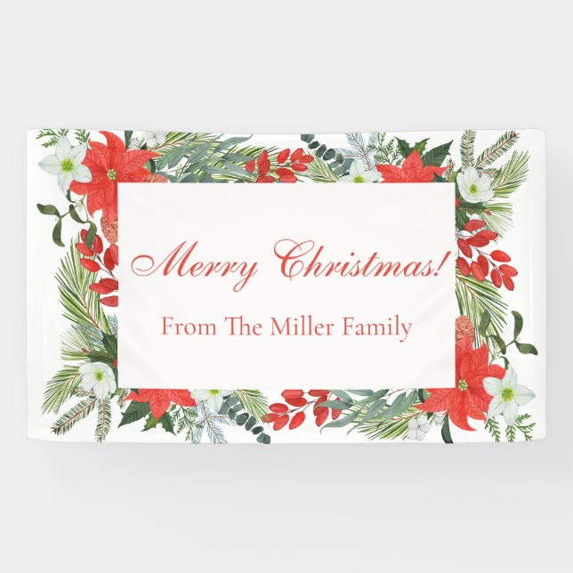 Custom Family Red Floral Frohe Weihnachtsbanner Banner (Horizontal)