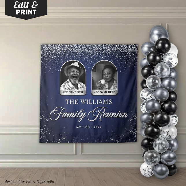 Custom Family Reunion Banner, 2 Photo Blue Silver  Wandteppich (Custom Family Reunion Banner, 2 Photo Blue Silver Tapestry)