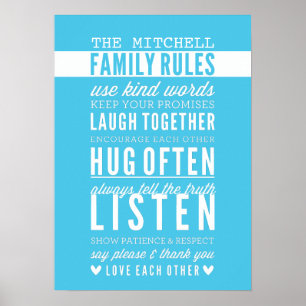 CUSTOM FAMILY RULES Moderne Typografie Aqua Blue Poster