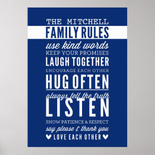 CUSTOM FAMILY RULES Moderne Typografie dunkelblau Poster