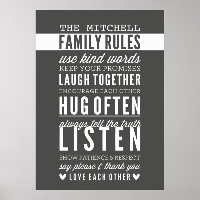 CUSTOM FAMILY RULES Moderne Typografie dunkelgrau Poster (Vorne)