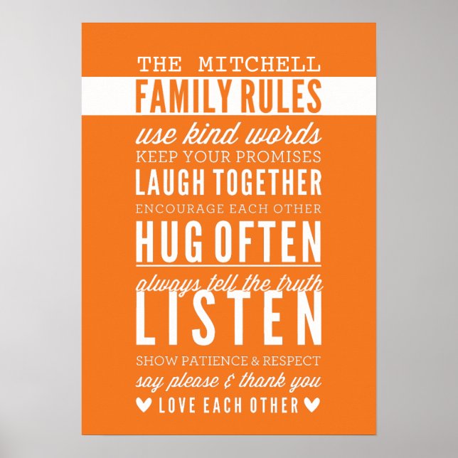 CUSTOM FAMILY RULES Moderne Typografie fett orange Poster (Vorne)