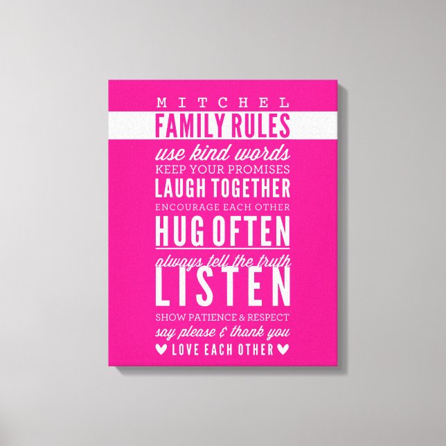 CUSTOM FAMILY RULES Moderne Typografie fett rosa Leinwanddruck (Vorderseite)