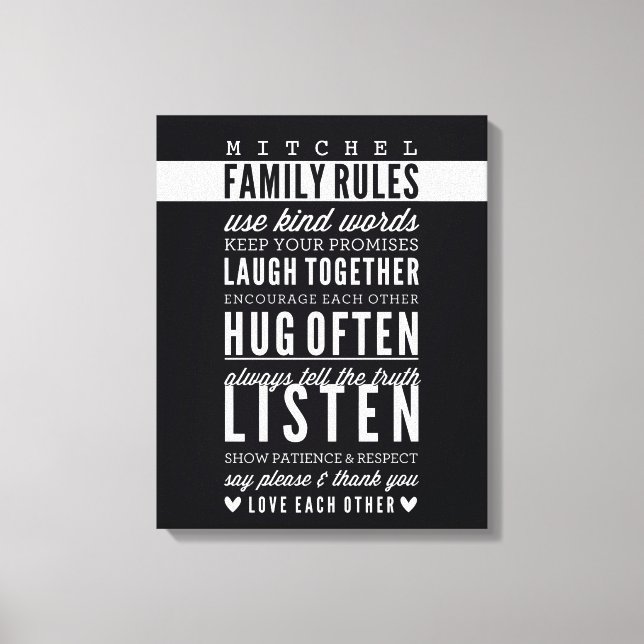 CUSTOM FAMILY RULES Moderne Typografie fett schwar Leinwanddruck (Vorderseite)