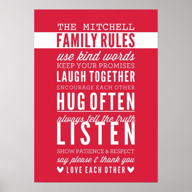 CUSTOM FAMILY RULES Moderne Typografie hell rot Poster (Vorne)