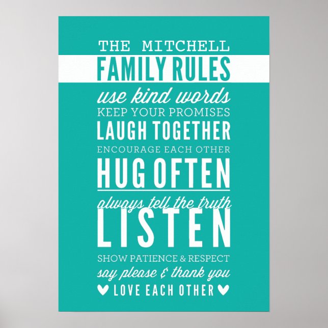 CUSTOM FAMILY RULES Moderne Typografie Jade grün Poster (Vorne)