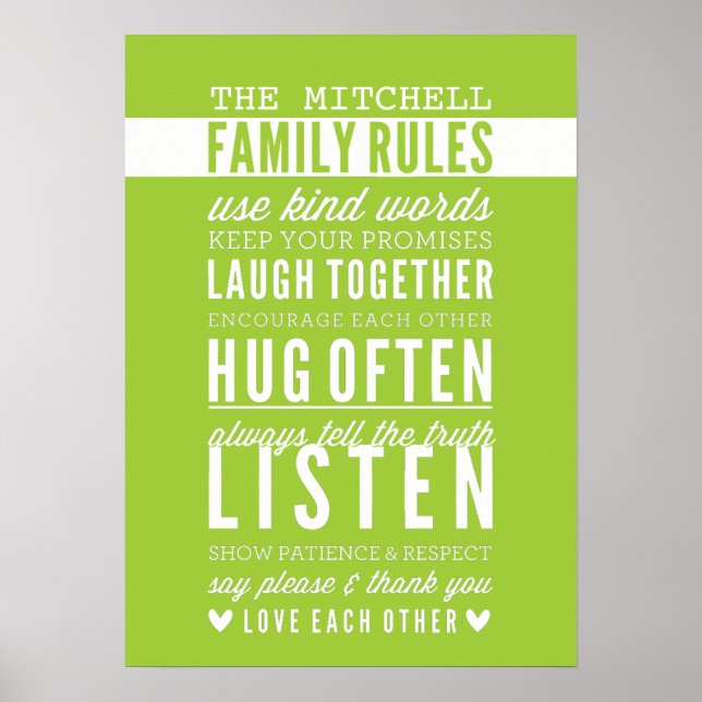CUSTOM FAMILY RULES Moderne Typografie Kalkgrün Poster (Vorne)