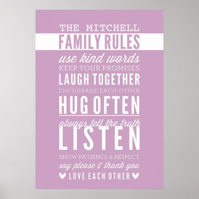 CUSTOM FAMILY RULES Moderne Typografie lila Poster (Vorne)