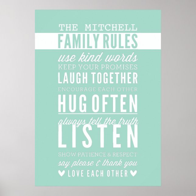 CUSTOM FAMILY RULES Moderne Typografie Minze Grün Poster (Vorne)