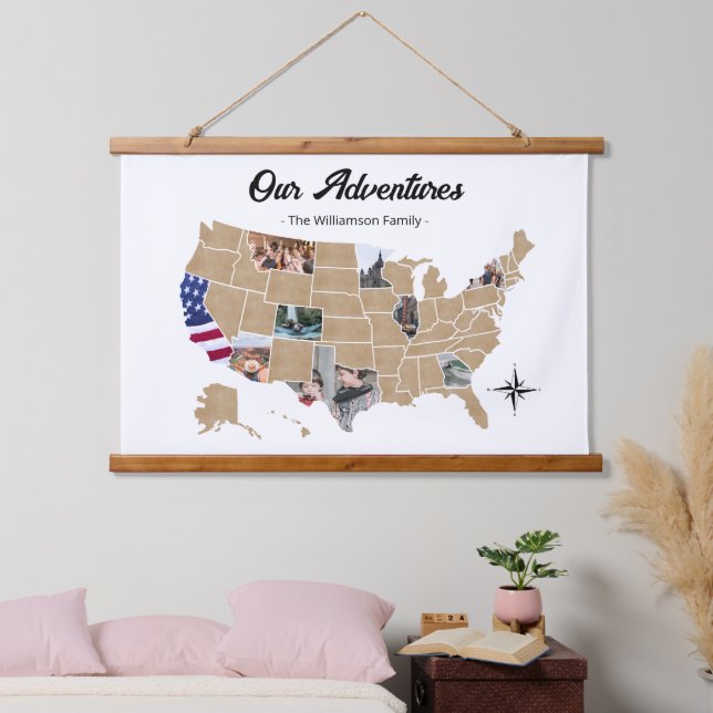 Custom Family Travel Adventures USA Foto Collage Wandteppich Mit Holzrahmen (Schlafzimmer)