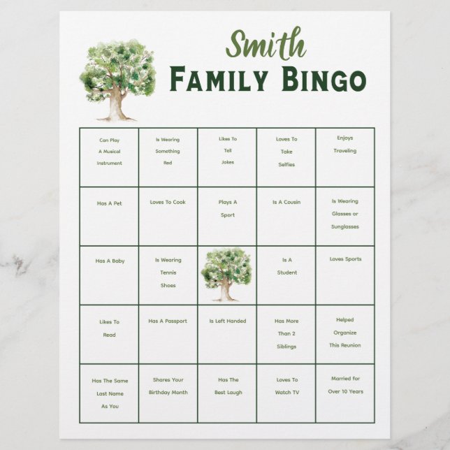 Custom Family Tree Bingo Renion Party Game (Vorderseite)
