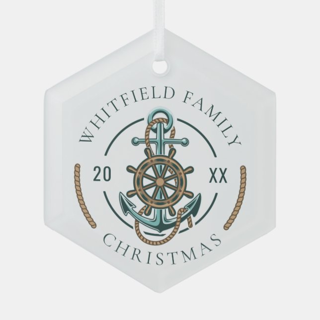 Custom Family Vacation Nautical Beach House Ornament Aus Glas (Vorderseite)