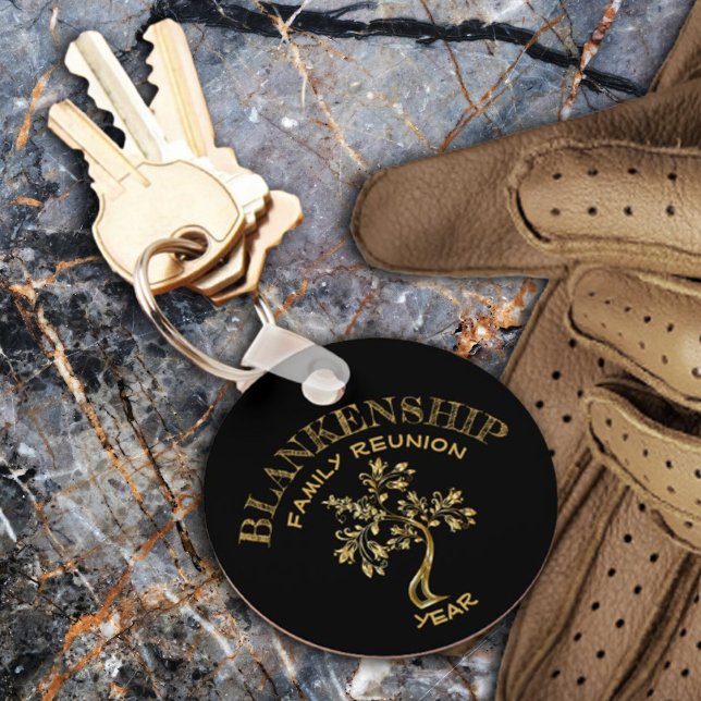 Custom Family Wiedersehen Black Gold Tree Schlüsse Schlüsselanhänger (A custom family reunion keepsake keyring to remember the happy gathering.)