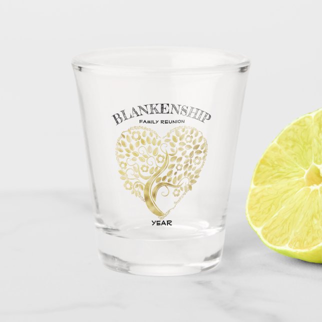 Custom Family Wiedersehen Gold Heart Tree Keepake Schnapsglas (Vorderseite)