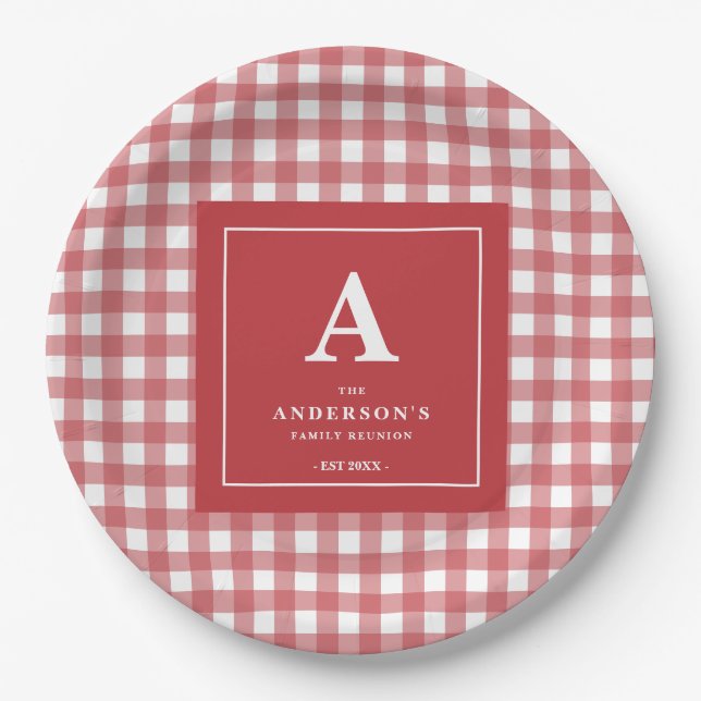 Custom Family Wiedersehen Red Gingham Pappteller (Vorderseite)