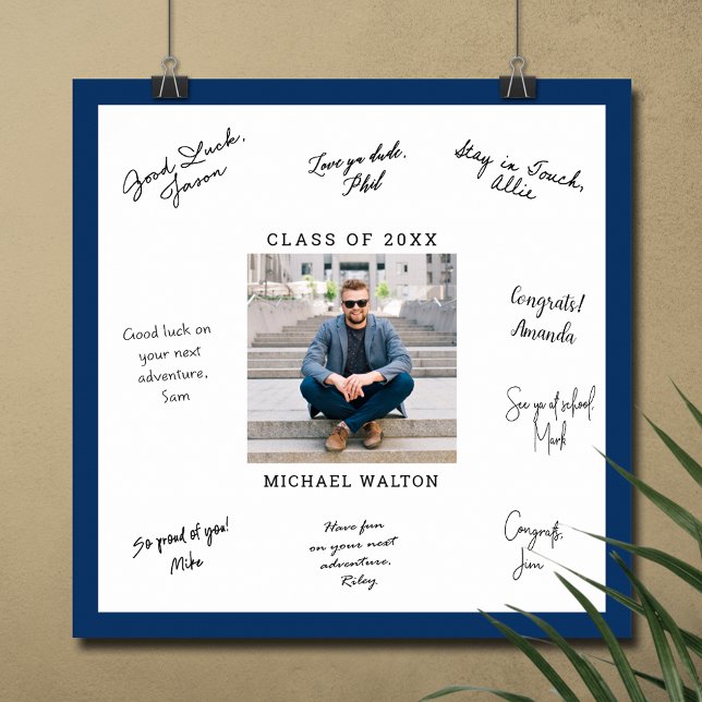 CUSTOM FARBE Foto Abschluss Signature-Meldung Poster (Graduation autograph poster with your photo and navy blue border, INSTANT DOWNLOAD and/or PRINTED)