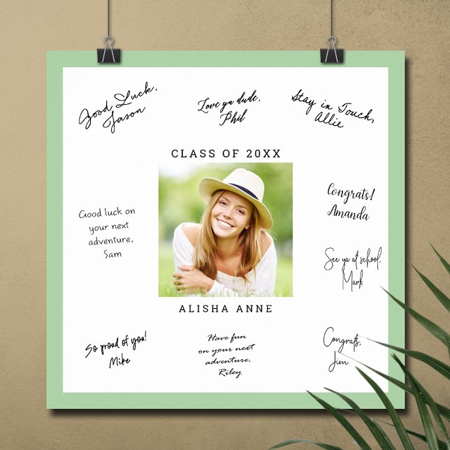 CUSTOM FARBE Foto Abschluss Signature-Meldung Poster (Graduation autograph poster with your photo and light green border, INSTANT DOWNLOAD and/or PRINTED)