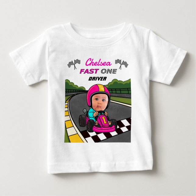 Custom Fast One Pink Race Car Driver Birthday Baby T-shirt (Vorderseite)