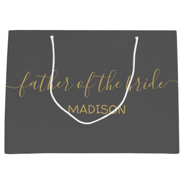 Custom Father of the Bride Name Gold Script Gray Große Geschenktüte (Vorderseite)